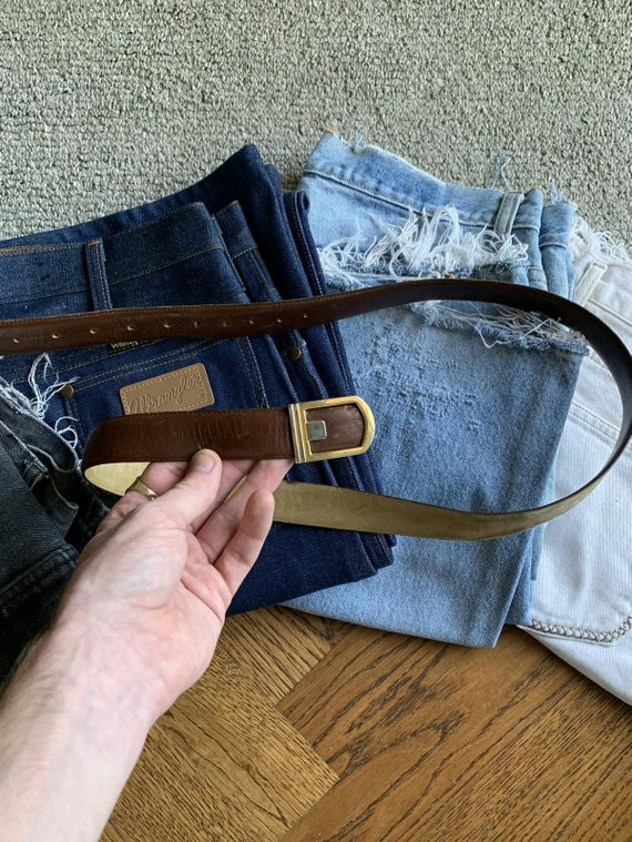 Vintage Brown Leather Belt Mens 40 Gold Tone Buck… - image 2