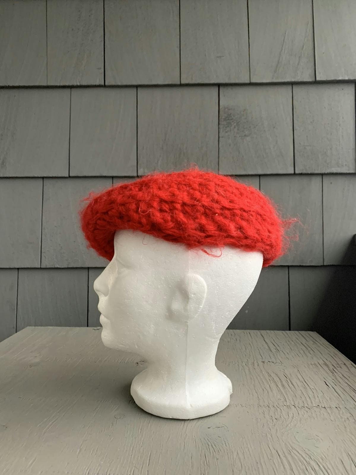 Vintage Fuzzy Soft Red Beret Mohair Wool Chunky Knit Hat Cap 
