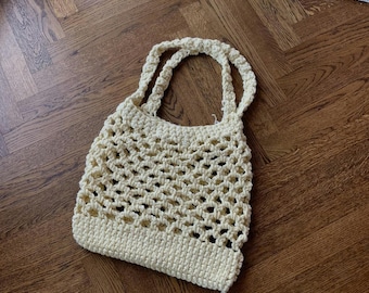 Chunky Loose Knit Mesh Tote Bag Wool Crochet Oversized Bag Vintage Fishnet Day Bag Grocery Sack Womens Handmade HandKnit Loose Cableknit