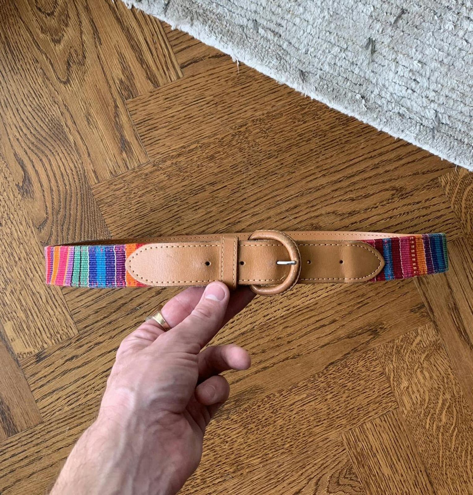 Vintage 90s Woven Rainbow Belt Leather Trim Guatemala Boho Festival Multi Color 80s 90s Guatemalan Rainbow Textile Woven Wide Kidney Belt  main image 3
