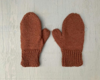 Vintage Hand Knit Mittens Winter Wool Mitt Glove Granny Cute Handknit Woven Handmade Mittens Gloves Cold Weather Burnt Orange Womens Mens US