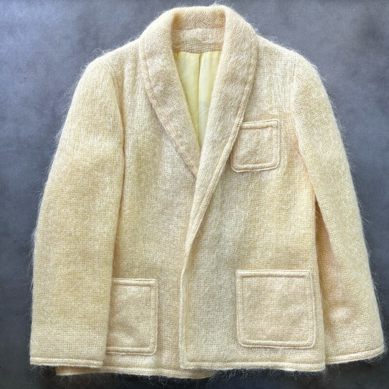 Vintage Mohair Jacket 70s Mohair Sports Coat Bardolino England Monteselli by Primrose Shawl Loose Knit Mohair Blazer Butter Yellow Hairy S image 3