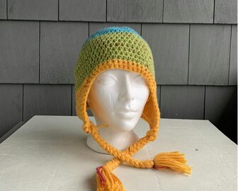 Cute & Silly Peruvian Knit Beanie With Strings Blue Green Pure Handknit Homemade Handmade Chunky Lose Knit Skully String Beanie Skull Cap