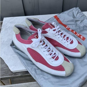 2000s Prada Sport Sneakers Y2K Vintage Pink Mesh 3305 Linea Rossa Vintage Prada Sport Shoes Dust Bag Tennis Shoes Lace Up Womens Size 7.5