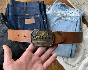 Vintage Crosman Rifles Leather Belt Gun Western Cowboy Brown Leather Belt Vintage Belts 60s 70s 1960s 1970s Used Metal Buckle Brass Mens USA