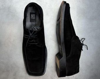 Vintage Gianfranco Ferre Square Toe Suede Dress Shoes 80s 90 Vintage Suede Shoes GFF Made in Italy Lace Up 1980s 1990s Formal Black Leather