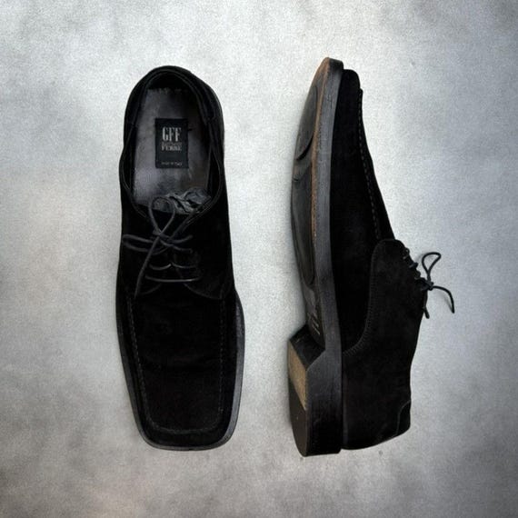 Vintage Gianfranco Ferre Square Toe Suede Dress Shoes 80s 90 Vintage Suede Shoes GFF Made in Italy Lace Up 1980s 1990s Formal Black Leather