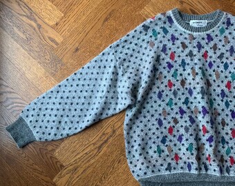 90er Vintage Mohair Blend Pullover Polka Dot Argyle Diamond Gemustert Fuzzy Cozy Strickpullover Mondo di Mondo Italy XL