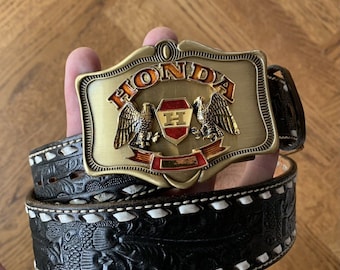 1970s Honda Tooled Leather Belt Vintage Tony Lama 38 Motorcycle 70s Easy Rider Brass Buckle Racing 1960s Gold Black Woven Mens Used America