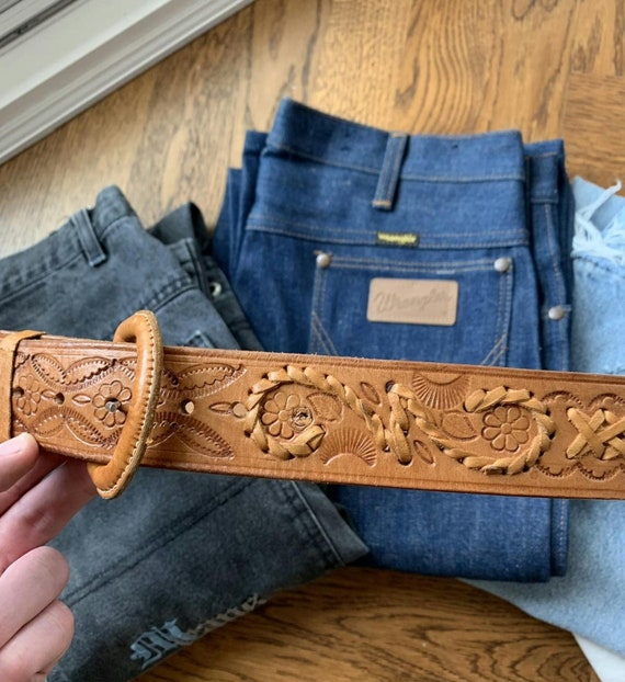 70s Rocker Belt 1970s Tooled Leather Belt Vintage Weave 70s Big XL 40… - Gem
