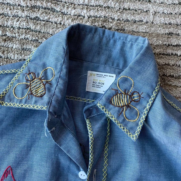 70s Vintage Embroidered Custom Stitch Chambray Denim Shirt Birds and the Bees Big Mac JC Penney Womens Hand Stitch Chain stitched Chainstich