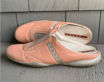 2000s Prada Mules Y2K Sport Slip On Sneaker S/S Sport Model 3308 Vintage Prada Sport Shoes Salmon Pink Leather 1990s Designer Womens Sandals
