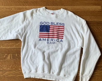 9/11 Nine Eleven God Bless America Tribute Crewneck 911 Terrorist Attack New York City September 11 Vintage Osama Bin Laden Fruit Loom Heavy