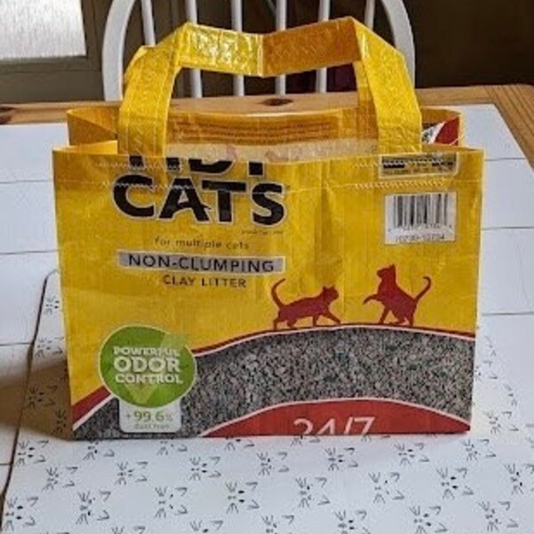 Reusable Tote Bag Upcycled Feed bags Tidy Cats Cat litter