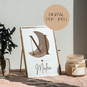 Impression d’affiche à la maison avec nom et lune à Bohostil | personnalisé, cadeau | marron, beige | Chambre bébé, Chambre d’enfants | Téléchargement numérique