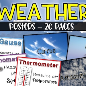 20 carteles meteorológicos: herramientas meteorológicas, frentes, nubes/escuela en casa, educación, profesores, aprendizaje, ciencia