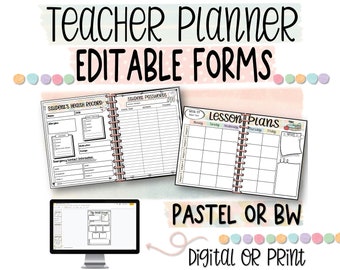Editable Binder Forms for your Teacher Planner + Weekly Lesson Plan Templates Pastel Theme