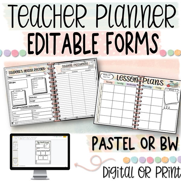 Editable Binder Forms for your Teacher Planner + Weekly Lesson Plan Templates Pastel Theme