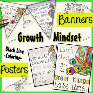 Kids Growth Mindset Coloring Banners Pennants & Posters Stress Management Homeschool