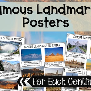 May include: A set of colorful posters featuring famous landmarks from around the world. Each poster includes a photo of a landmark and a brief description. The posters are organized by continent: North America, Africa, and Asia. The text "For Each Continent" is displayed at the bottom of the image.