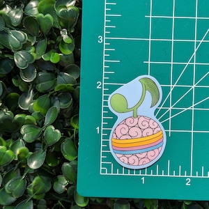 Puede incluir: Una pegatina rosa y azul de una fruta de dibujos animados con un tallo verde y tres bandas de colores alrededor del medio. La fruta est&aacute; sobre una estera de corte verde con l&iacute;neas blancas.