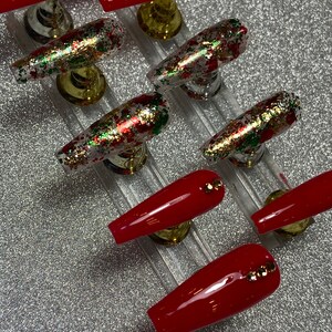 Red Christmas theme press ons long beautiful coffin shape beautiful bling Swarovski crystal reusable press on nails