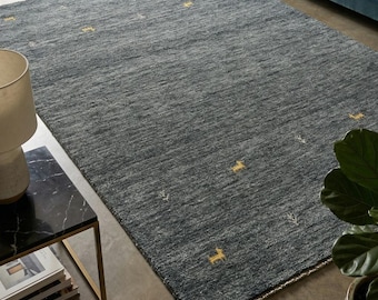 Alfombra Gabbeh Loribaft de lana tejida a mano, moderna, gris, persa, Tapis Teppich con motivos, telar manual, pelo alto, estilo boho minimalista tribal.