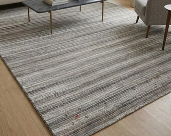 Alfombra de lana a rayas grises Loribaft Gabbeh tejida a mano, de pelo alto, estilo tribal moderno persa con motivos, ideal para la decoración de la sala de estar y el dormitorio.