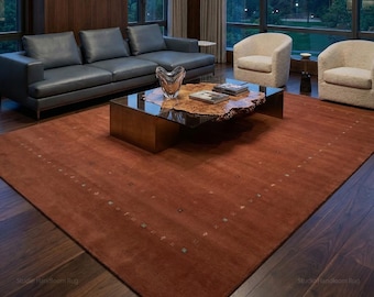 Alfombra de lana Gabbeh Loribaft tejida a mano de primera calidad con borde rojo-marrón intenso, alfombra artesanal de felpa, estilo bohemio moderno, estilo granja, textura suave, ideal para la sala de estar.