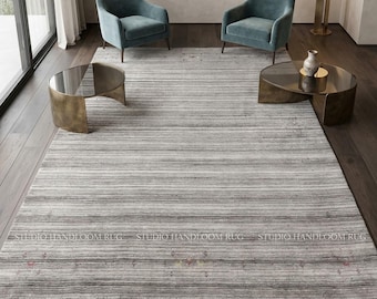 Alfombra Gabbeh Loribaft de lana gris tejida a mano de primera calidad, alfombra grande con motivos tribales de arte popular tradicional, textura gris para sala de estar.