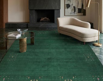 Alfombra única de lana Gabbeh Loribaft de color verde esmeralda intenso, auténtica alfombra tribal persa tejida a mano para sala de estar con borde de motivos punteados verdes sólidos.