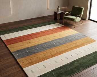 Alfombra de lana Gabbeh Loribaft tejida a mano de alta gama, alfombra tribal a rayas, alfombra de área de calidad premium, hecha a mano con tintes naturales, decoración bohemia para el hogar estilo granja.