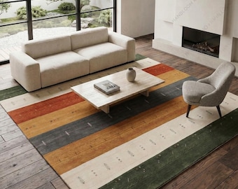 Alfombra de lana Gabbeh Lorbaft tejida a mano, moderna, a rayas, estilo tribal persa, con motivos geométricos, color neutro, pelo alto, ideal para la decoración de la sala de estar.