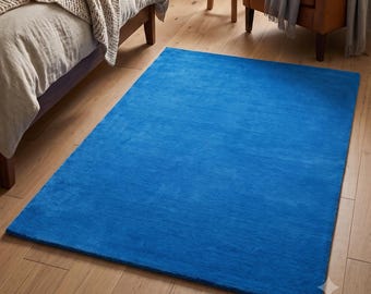 Hand Tufted New Zealand Wool Rug, Solid Cobalt Blue Plush Cut Pile Area Carpet, Custom Living Room Bedroom
