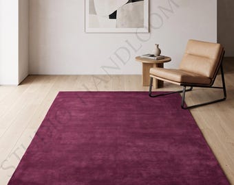 Hand Tufted New Zealand Wool Rug, Solid Plum Magenta Area Carpet, Luxury Plush Soft Custom Bedroom Teppich Tappeto Tapete Matta