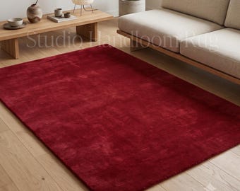 Hand Tufted Burgundy New Zealand Wool Area Rug, Solid Wine Red Plush Living Room Carpet, Soft Modern Minimalist Bedroom Decor