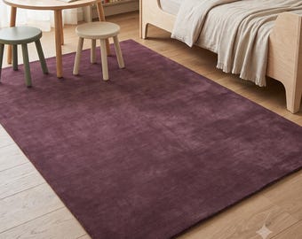 Hand Tufted New Zealand Wool Plum Area Rug | Solid Mauve Minimalist Carpet | Custom Living Room Bedroom