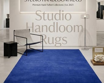 Hand Tufted New Zealand Wool Rug, Royal Cobalt Blue Solid Area Carpet, Plush Minimalist Living Room Bedroom Custom Size