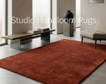 Handmade Handtufted New Zealand Wool Terracotta Rust Burnt Orange Solid Plush Area Carpet Custom Size Modern Minimalist Living Room Bedroom