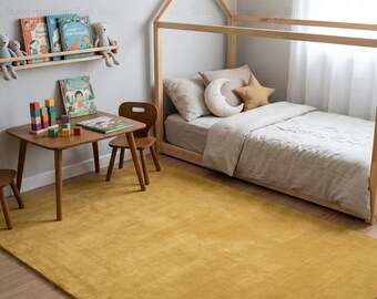 Mustard Yellow Hand Tufted New Zealand Wool Area Rug, Solid Gold Minimalist Living Room Carpet, Custom Size Teppich Tappeto Tapete Matta