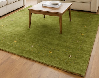 Hand-Knotted Green Gabbeh Wool Rug Modern Minimalist Persian Tribal Carpet, Natural Dyed Geometric Design, Boho Living Room Decor Handloom