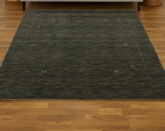 Handmade Gabbeh Wool Rug – Minimalist Tribal Persian Carpet in Charcoal Gray, Hand-Knotted Modern Nomadic Design for Living Room handloom