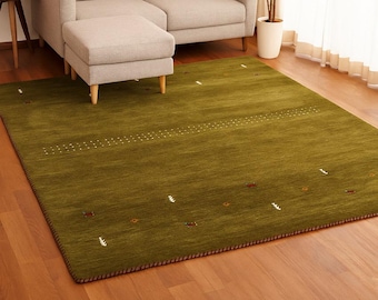 Hand-Knotted Gabbeh Wool Rug Olive Green Minimalist Persian Carpet  Tribal Nomadic Design Modern Bohemian Area Unique Artisanal Home Décor