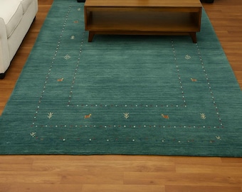 HandKnotted Green Gabbeh Wool Rug Persian Tribal Minimalist Design Modern Bohemian Area Carpet Authentic Oriental Rug Handmade Nomadic Style