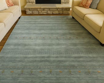 Alfombra de lana Gabbeh verde anudada a mano, moderna, minimalista, tribal, persa, suave, hecha a mano, con motivos geométricos y animales, decoración bohemia.