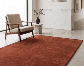 Hand Tufted New Zealand Wool Rug, Solid Terracotta Rust Plush Carpet, Custom Size Minimalist Teppich Tappeto Tapete Matta