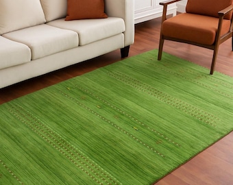 Hand-Knotted Gabbeh Wool Rug – Green Persian Tribal Design with Animal & Tree Motifs – Minimalist Modern Farmhouse Area Carpet Handloom rug