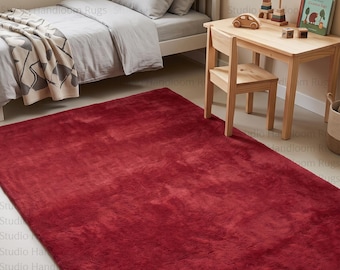 Hand-Tufted New Zealand Wool Plush Crimson Area Rug Custom Size Soft  Solid Scarlet Luxury Living Room Bedroom Hallway Nursery Office Carpet