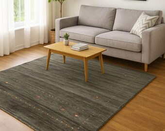 Hand-Knotted Gabbeh Wool Rug – Modern Minimalist Persian Carpet – Olive Green Tribal Design – Authentic Nomadic Handmade Wool Area Rug
