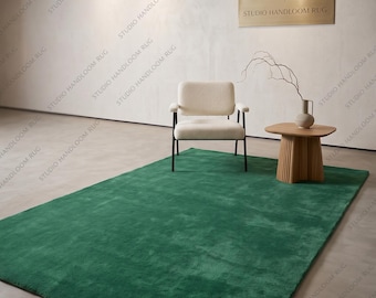 Premium Hand Tufted Emerald Green New Zealand Wool Plush Luxury Area Rug Soft Dense Pile Modern Minimalist Living Room Bedroom Custom Size